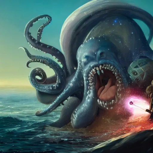 Prompt: a space wizard near the ocean fighting a kraken