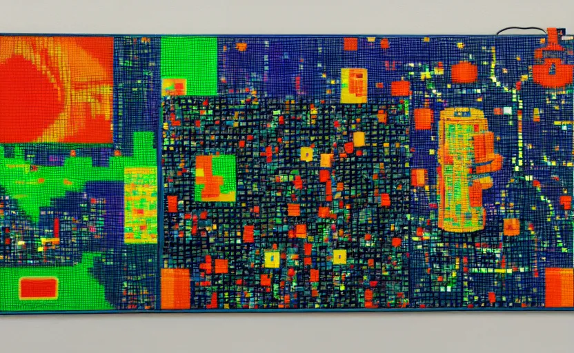 Prompt: pixel art oil painting made of plush and circuit boards