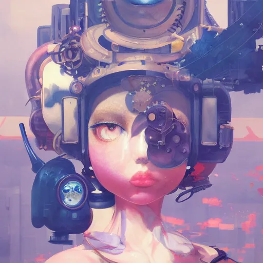 Image similar to surreal gouache painting, by yoshitaka amano, by ruan jia, by conrad roset, by good smile company, detailed anime 3 d render of a retro computer, cgsociety, artstation, rococo mechanical costume and grand headpiece, dieselpunk atmosphere