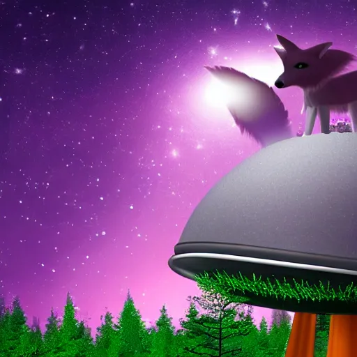 Image similar to a purple fox with a long fluffy and shiny coat sits in the forest on a ufo flying saucer. super realistic photo. clear details