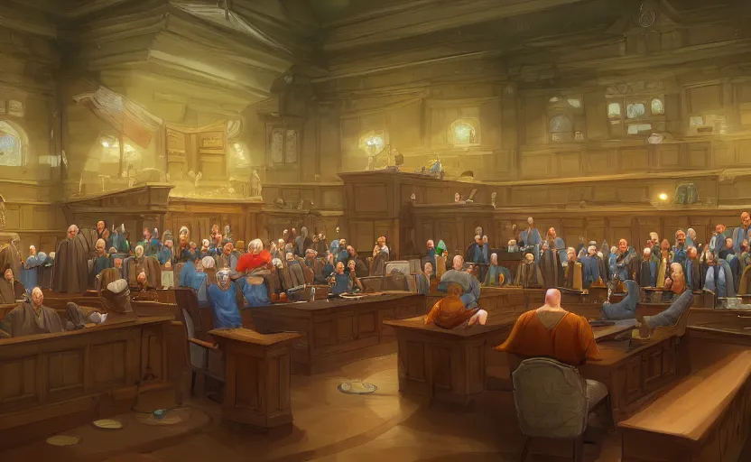 Image similar to the courtroom, in the center is a bald man in a skirt, no blur, 4 k resolution, ultra detailed, style of marc simonetti, tyler edlin, deviantart