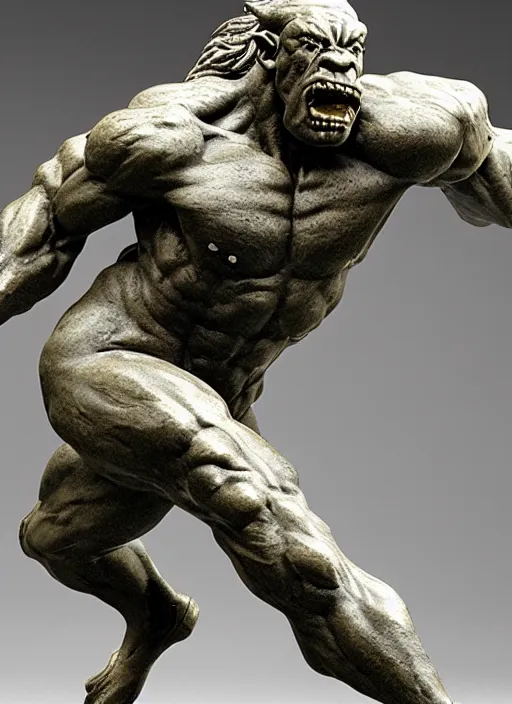 Image similar to a full figure marble sculpture of a running Giant Orc, rough texture by Rodin and frazetta