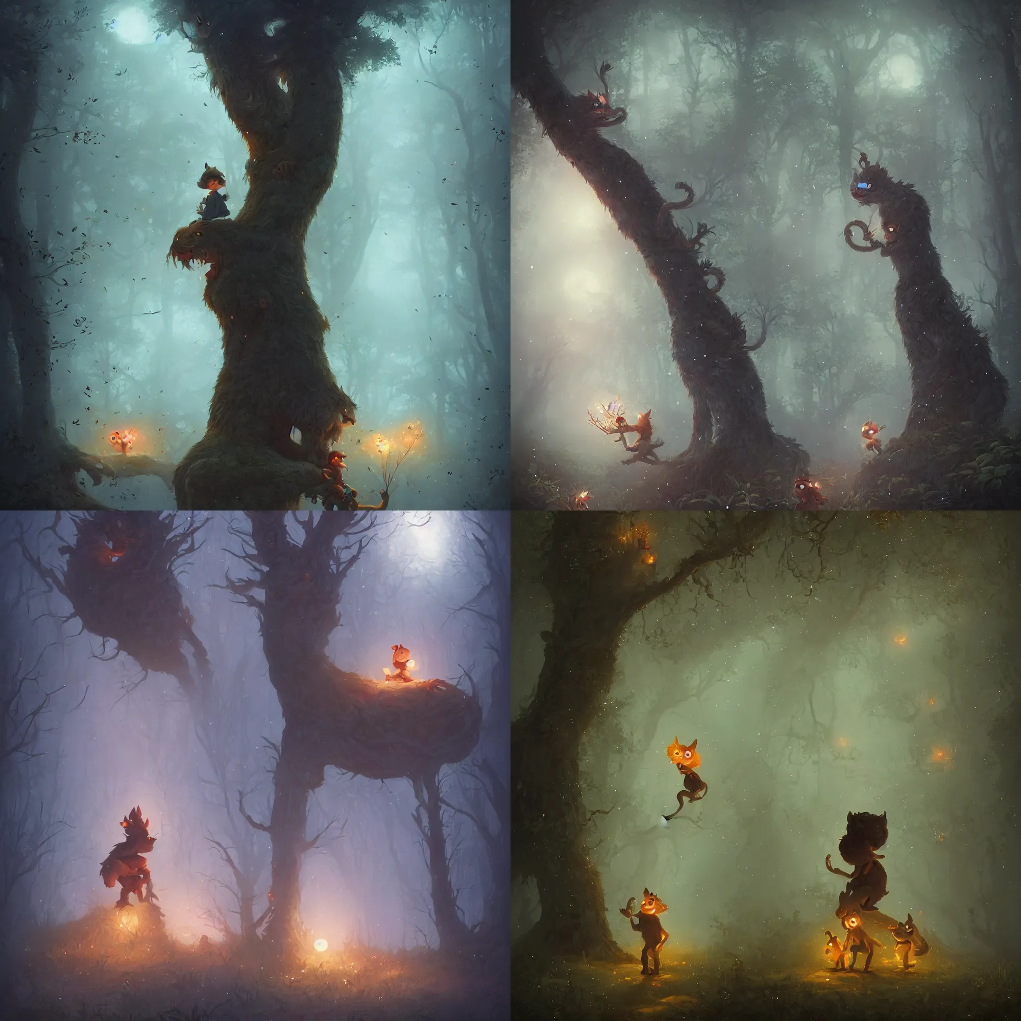 Prompt: a small boy!! hiding behind a tree discovers a huge!! furry monster in a misty moonlit forest, painting by peter mohrbacher. surrounded by glowing fireflies, cinematic lighting, cgsociety, artstation