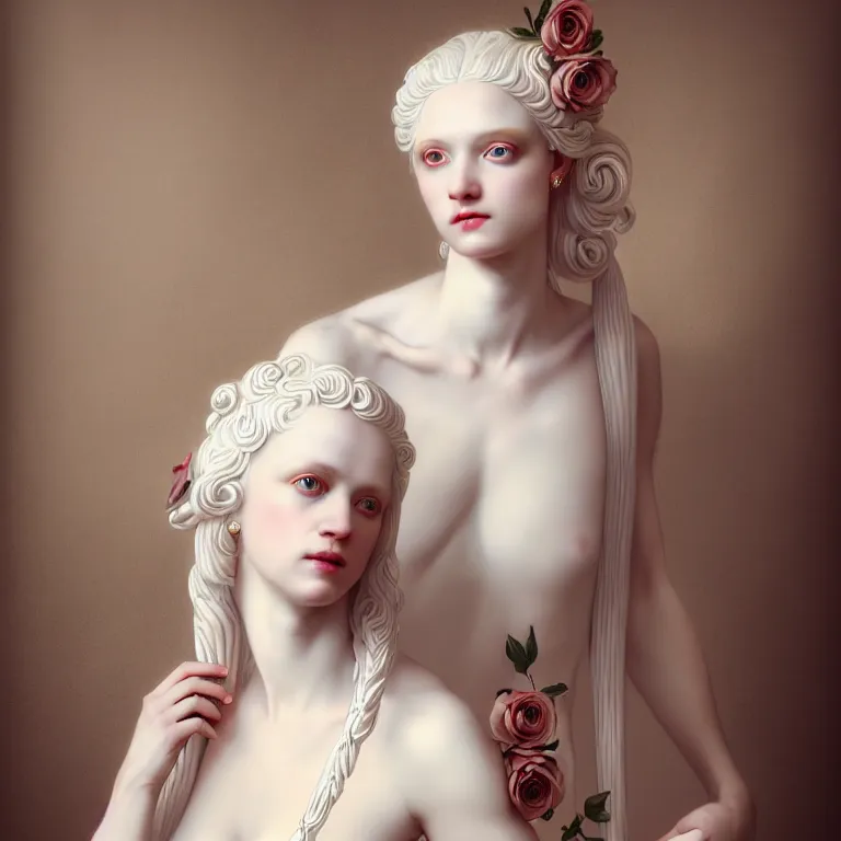 Prompt: neoclassical art closed wonderful portrait of a wonderful sweet expressive symmetrical albino goddess with wonderful eyes and dressed with a majestic semi transparent silk roses long dress, ornate, intricate, detailed, dramatic light, octane render