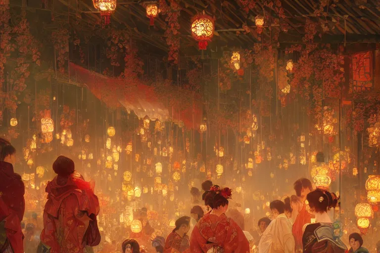 Prompt: a beautiful realistic painting of the lantern festival in old kyoto, intricate, elegant, highly detailed, digital painting, artstation, concept art, lots of wow, by krenz cushart and artem demura and alphonse mucha