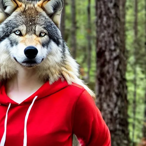 Prompt: in the forest, a timber wolf watches a blonde teenage girl wearing a red hoodie