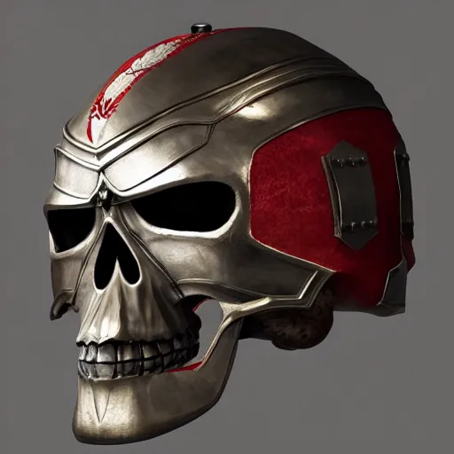 Prompt: specialized medieval helmet with fine engraved details in the shape of a skull with glowing red eyes, high quality 3D render, concept art, 4K, UHD, High quality, Trending on Artstation HQ