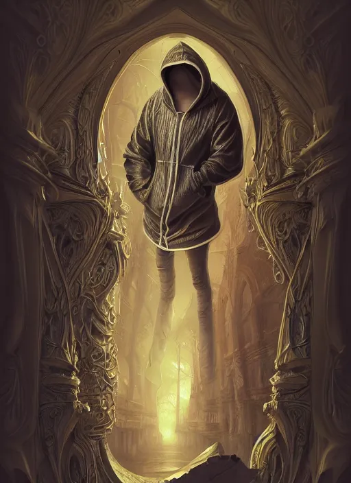 Image similar to guy with hoodie hiding on papercraft, realistic, surealism, lavish, steep, aesthetic, extravagant, shiny, fantasy, intricate, elegant, extremely higly detailed, digital painting, artstation, ornate, grotesque, baroque, concept art, smooth, sharp focus, full body focus, street wear digital art