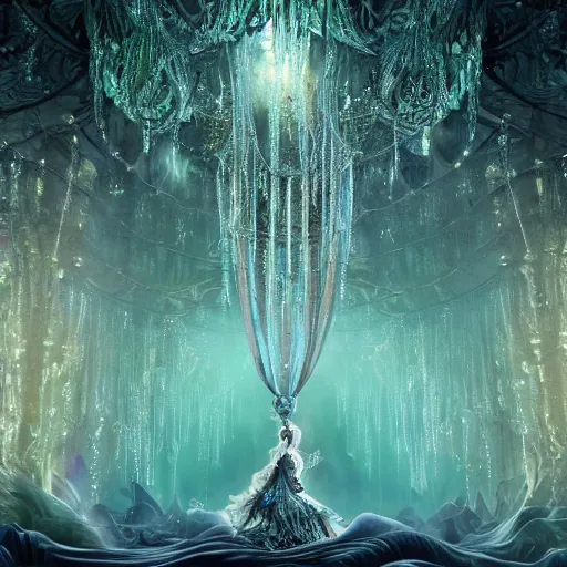 Image similar to under an intricate like jewels epic forest suspended in the air upside down, a pool with intricate and surreal epic circles of water within which float phantasmagoric robotic humanoids, dressed in intricate veils and jewels, epic environment, matte painting, diffused lighting, highly detailed, cinematic, epic atmosphere, digital art, trending on artstation, depth of field, wide angle