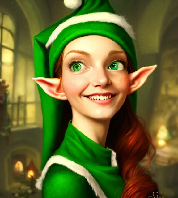 Image similar to cute elf smiling in santa's workshop, perfect face, green clothes, auburn hair, cinematic, blush, stunning, elegant, highly detailed, psychedelic, digital painting, artstation, smooth, hard focus, illustration, art by jessica rossier and and brian froud