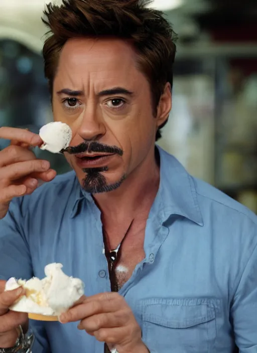 Image similar to a full portrait photo of robert downey jr eating ice cream in movie iron man, f / 2 2, 3 5 mm, 2 7 0 0 k, lighting, perfect faces, award winning photography.