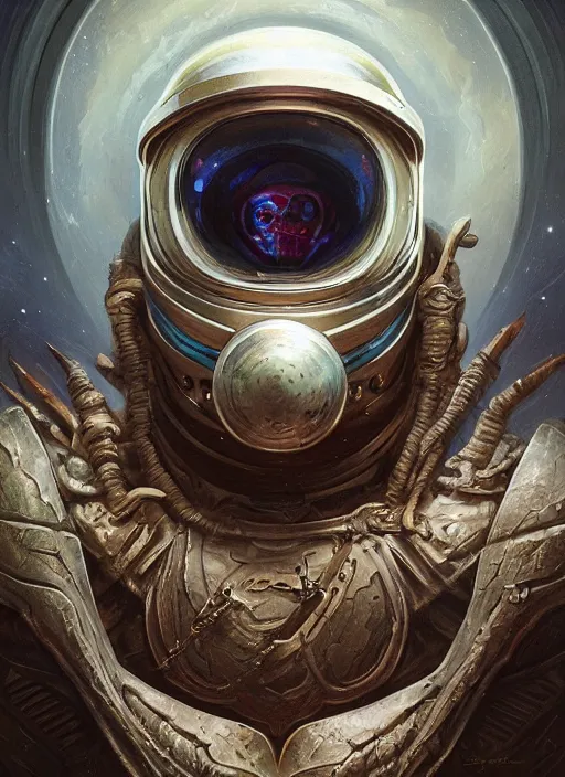 Image similar to space helmet mf doom reptile eyes, opal skin. intricate, elegant, highly detailed, centered, digital painting, artstation, concept art, smooth, sharp focus, illustration, artgerm, tomasz alen kopera, peter mohrbacher, donato giancola, joseph christian leyendecker, wlop, frank frazetta