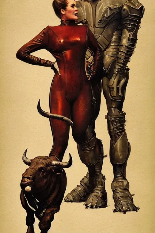 Image similar to bipedal bull standing beside elegant lady wearing a latex spacesuit, by norman rockwell, jack kirby, jon berkey, earle bergey, craig mullins, ruan jia, jeremy mann, tom lovell, marvel, astounding stories, 5 0 s pulp illustration, scifi, fantasy, artstation creature concept