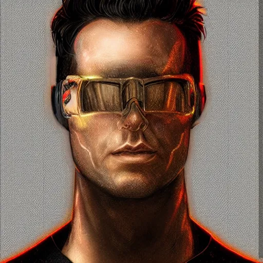 Image similar to Unreal render Bust Portrait of Dustin Bates from Starset in a sci fi uniform with a BMI on his temple; hyper realistic, high detail, artstation, deviantart