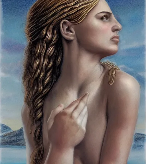 Image similar to drawing of the beautiful greek goddess aphrodite, arrow warrior, fantasy art, hyper realistic, amazing detail, in the style of robert rutkowski