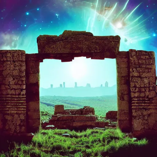 Image similar to ancient ruins in the space,retrowave art