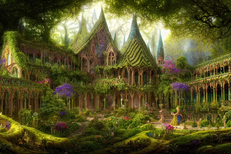 Image similar to a beautiful and highly detailed digital painting of an elven palace in a beautiful garden in a mystical forest, faerie realm, psychedelic patterns, celtic designs, intricate details, epic scale, cgsociety, 8 k, sharp focus, hyperrealism, by caspar friedrich, albert bierstadt, james gurney, brian froud,
