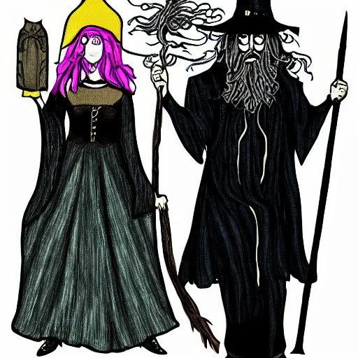 Prompt: a wizard and a witch, in the style of steven rhodes