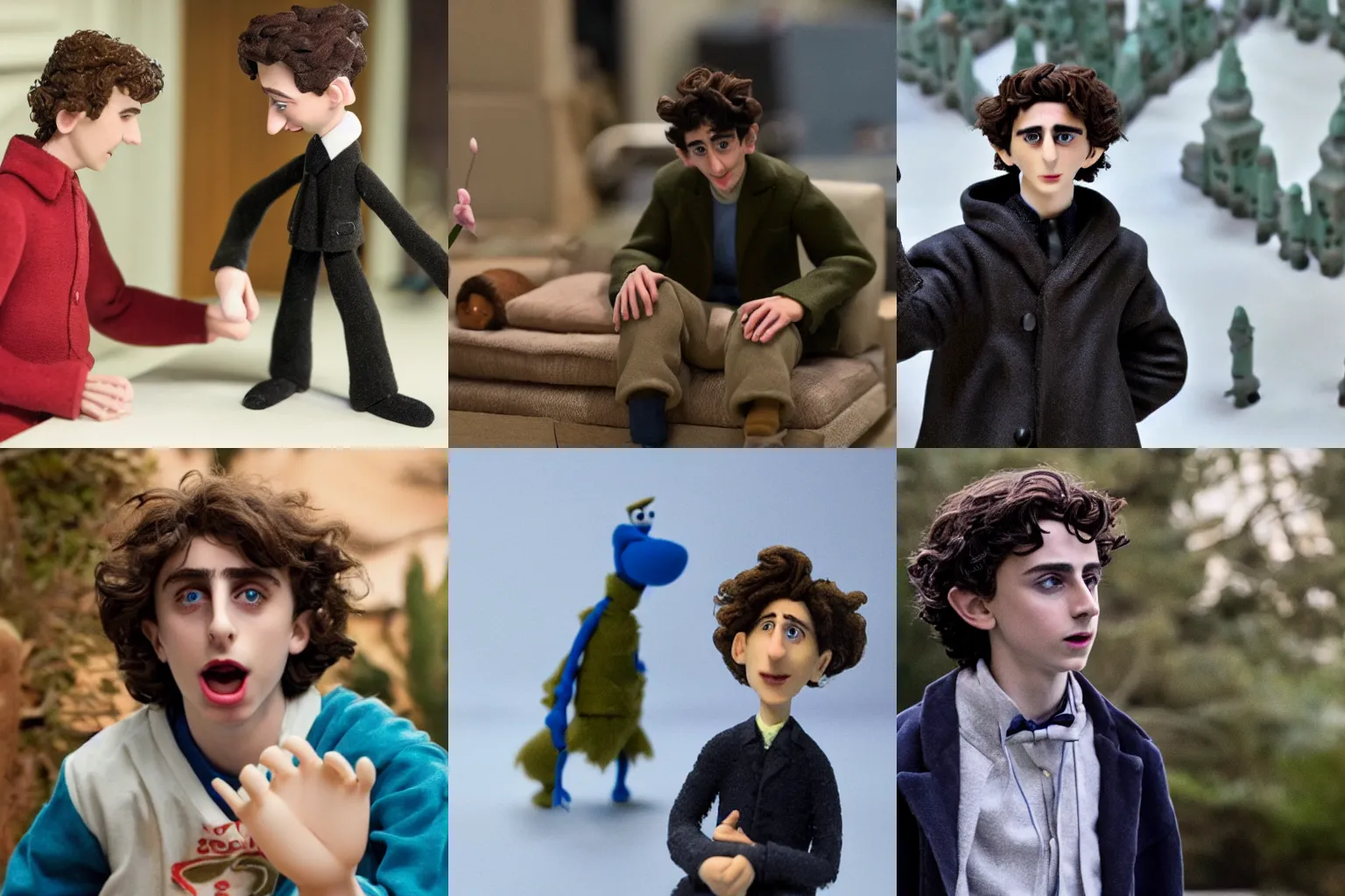 Prompt: Timothée Chalamet in claymation movie, production still