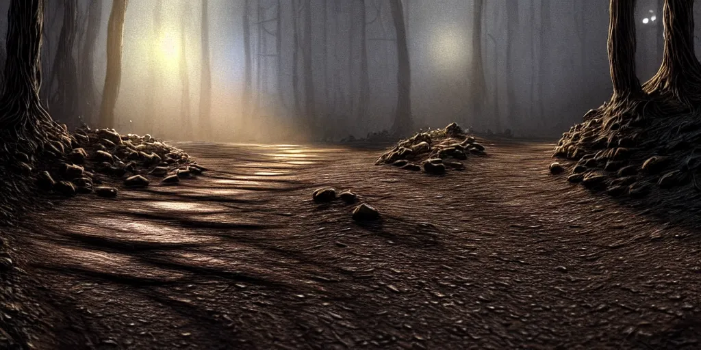 Prompt: hyperrealistic mixed media painting of a dirt trail, stunning 3d render inspired art by P. Craig Russell and Barry Windsor-Smith + dim volumetric lighting, dizzy, full body, 8k octane beautifully detailed render, post-processing, extremely hyperdetailed, intricate, epic composition, grim yet sparkling atmosphere, cinematic lighting + masterpiece, trending on artstation, very very detailed, masterpiece, stunning