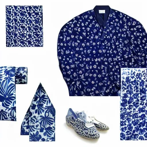Prompt: brushed loose indigo blue floral motif with negative space inspired by indigo japanese tie dye wgsn trend