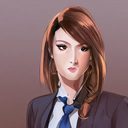 Image similar to woman in business suit, brown neat hair, pixiv, fanbox, trending on artstation, digital art, portrait, modern, sleek, highly detailed, formal, serious, determined, competent, colorized, smooth, charming, pretty, safe for work, law office