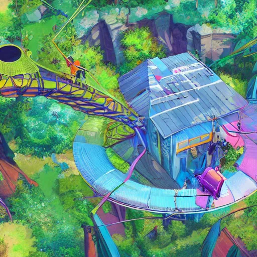 Image similar to hyper realistic adventure time treehouse, cyberpunk, aerial photograph, bright colours
