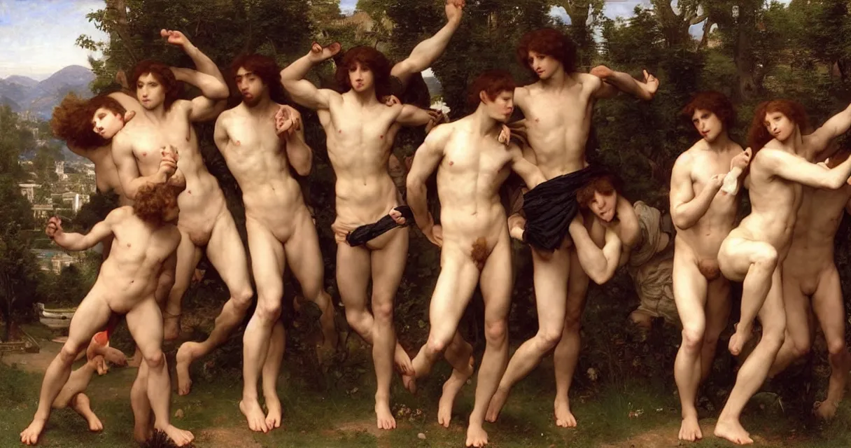 Image similar to large group of pre-Raphaelite muscular athletic male gamers wearing headsets!!!!! holding laptops!!!! playstation!!! x-box! and PC by Bouguereau and raphael