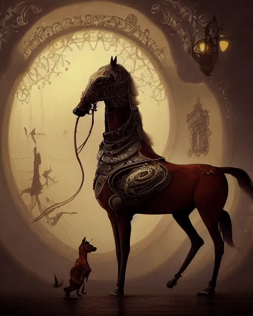 Image similar to anthropomorphic art of a detective horse standing on two legs like human, victorian inspired clothing by artgerm, victo ngai, ryohei hase, artstation. fractal papersand books. highly detailed digital painting, smooth, global illumination, fantasy art by greg rutkowsky, karl spitzweg