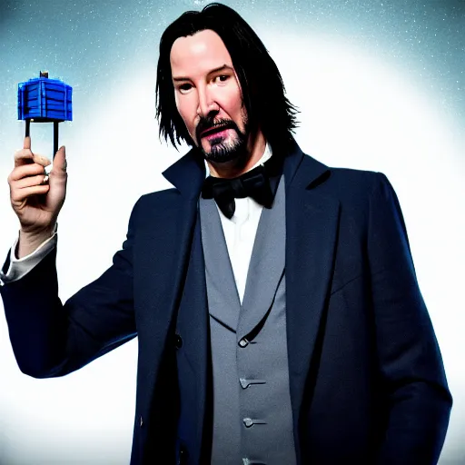 Image similar to portrait of Keanu reeves as 10th Doctor Who in the TARDIS, Photo, High details, 8k