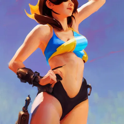 Prompt: greg manchess splash art painting of overwatch's tracer in a bikini, league of legends art, medium shot, asymmetrical, organic painting, sunny day, matte painting, bold shapes, hard edges, street art, trending on artstation, by huang guangjian and gil elvgren and sachin teng