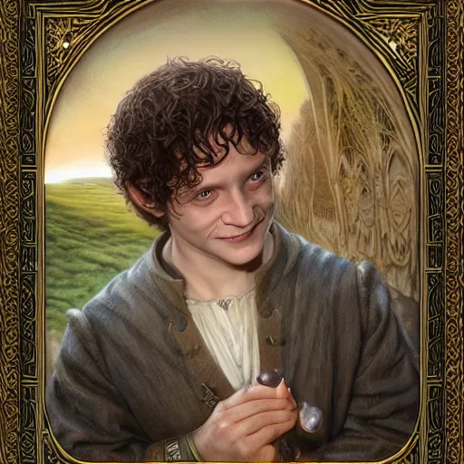 Prompt: the Ringbearer Frodo Baggins by Mark Brooks, Donato Giancola, Victor Nizovtsev, Scarlett Hooft, Graafland, Chris Moore