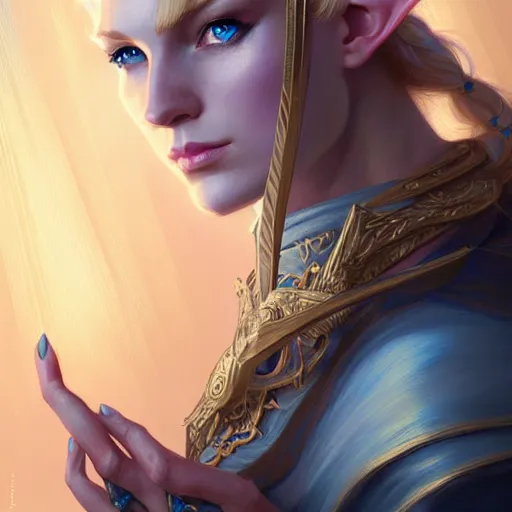 Image similar to half elf sorceress, D&D, blue eyes, blonde hair, fantasy, intricate, elegant, highly detailed, digital painting, artstation, concept art, smooth, sharp focus, illustration, art by artgerm and greg rutkowski and alphonse mucha