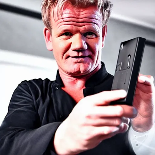 Image similar to gordon ramsey holding handgun, selfie, phone camera, famous chef gordon ramsey, pointing gun at camera, realistic photography