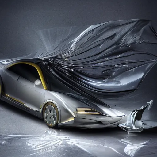 Image similar to sci-fi sport car f1 hatchback transport design organic smooth elastic forms 20% of canvas on the front; background wall structure on the coronation of napoleon painting 20% of canvas; by Jacques-Louis David, pinterest keyshot product render, cloudy plastic ceramic material shiny gloss water reflections, ultra high detail ultra realism, 4k