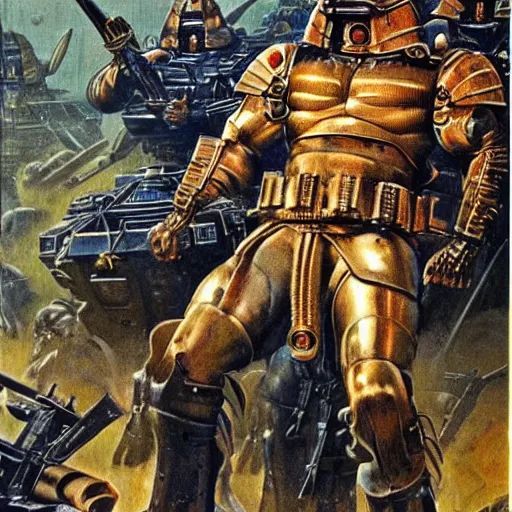 Prompt: schwarzenegger in armored suit and weapons, art by bruce pennington