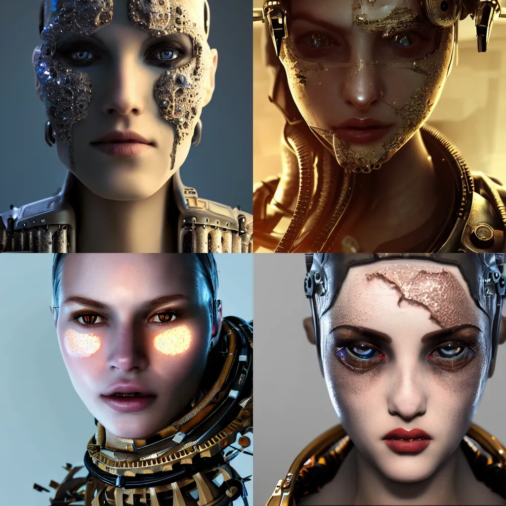 Prompt: A close-up portrait of a beautiful female android wearing an intricate cracked porcelain face, exposed inner gears, steampunk, studio lighting, unreal engine, concept art, trending on artstation