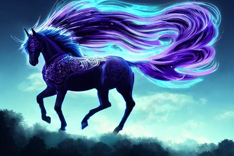 Prompt: a stunning horse with bioluminescent mane and tail jumping in the clouds by sandra chevrier and greg rutkowski, purple blue color scheme, celtic neon runes, vaporware, retro, outrun, high key lighting, volumetric light, digital art, highly detailed, fine detail, intricate, ornate, complex, octane render, unreal engine, photorealistic