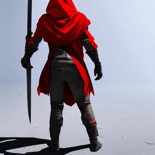 Image similar to view from the back warrior holding two swords, full body worn out damaged cape, red hoodie, worn out clothes, floating spiral sand, concept art, volumetric light, full body shot, 8K, trending on artstation