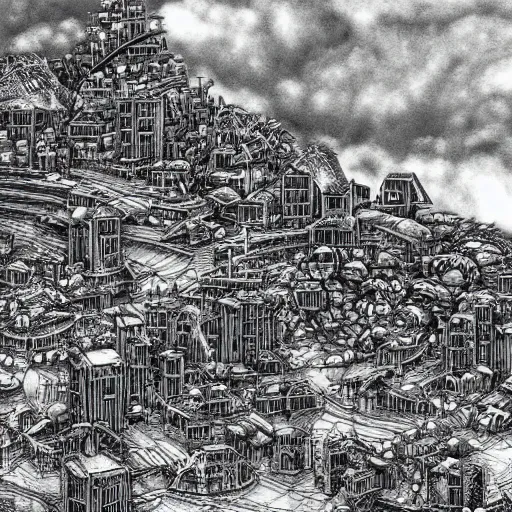 Image similar to Cyberpunk futuristic mountain village by Kentaro Miura, highly detailed, black and white