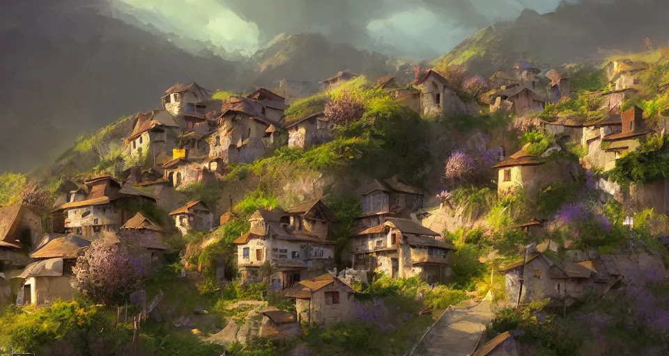 Prompt: beautiful peace loving village on a mountain slope, realistic concept art, eytan zana, one pixel brush, lavander and yellow color scheme, dramatic lighting, concept art, trending on artstation