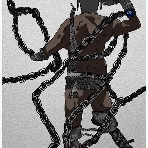 Image similar to A FULL BODY PORTRAIT FROM BEHIND OF MADARA UCHICHA ,THE MAN KEEPS A KUSARIGAMA AND IT IS WRAPPED IN CHAINS ,detailed, concept art, ink style , sketch