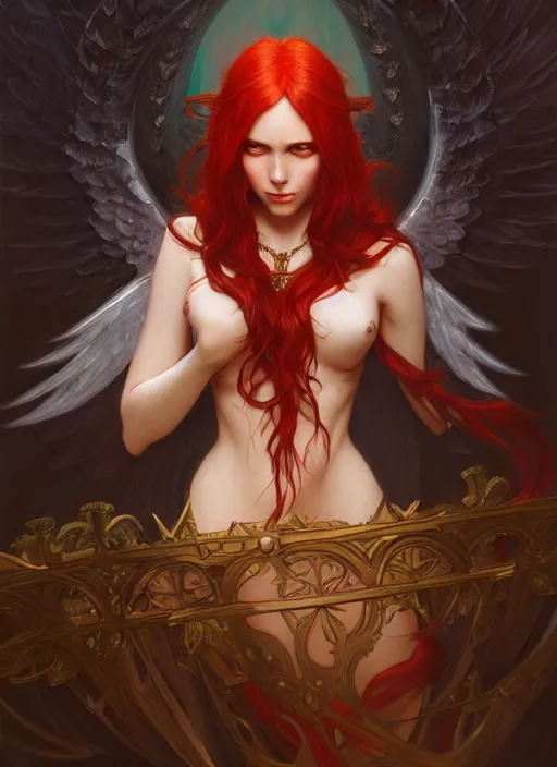 Prompt: a beautiful red haired woman a an angel, deep focus, d & d, fantasy, intricate, elegant, highly detailed, digital painting, artstation, concept art, matte, sharp focus, illustration, hearthstone, art by artgerm and greg rutkowski and alphonse mucha