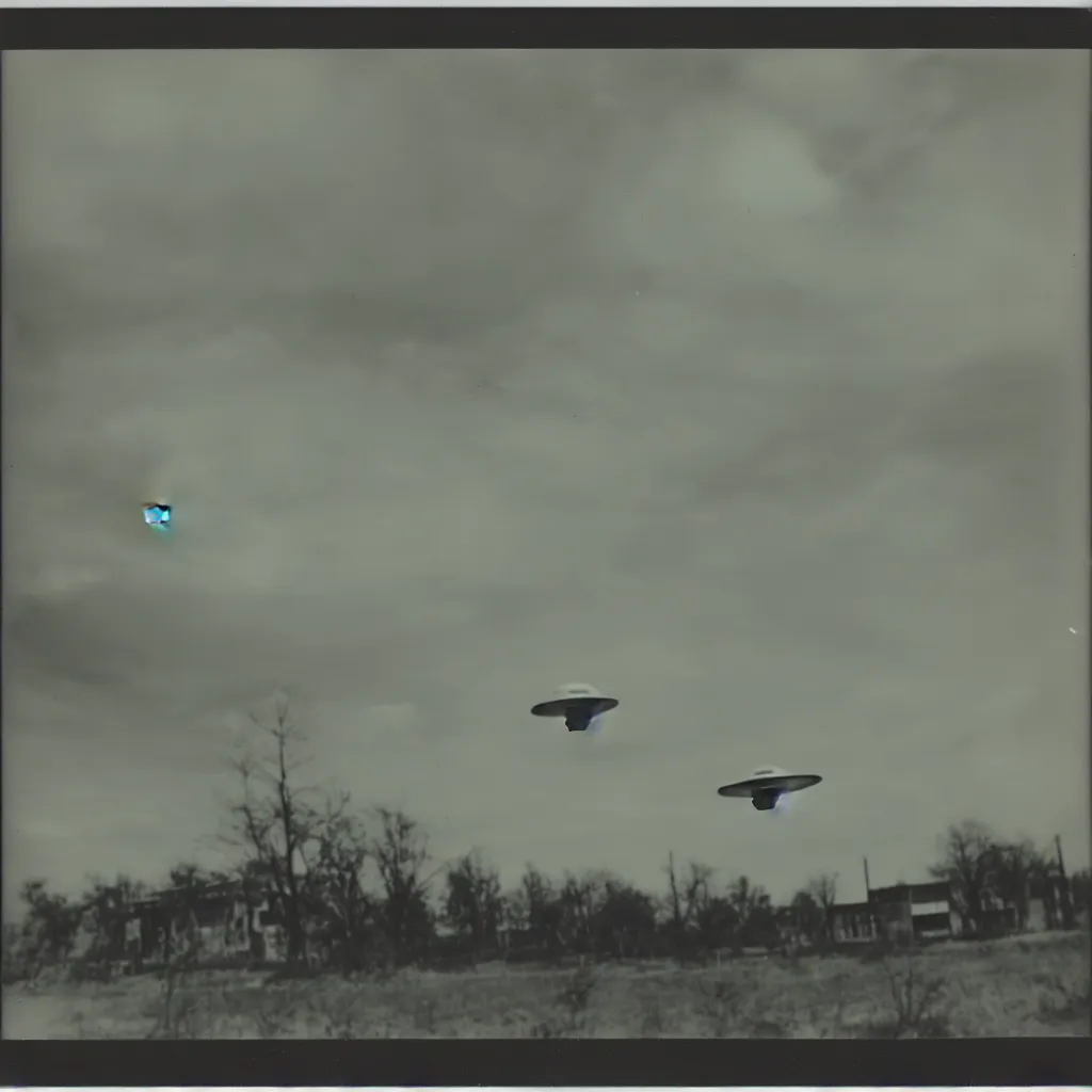 Prompt: old polaroid of an ufo flying above an abandoned hospital during world war 2, award winning, fallout, pictorialism, black and white, daylight