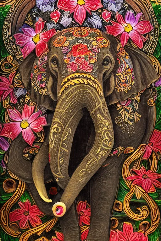 Image similar to Painted dark-wood panel relief carving of a close up of a Flowerpunk Matriarch Elephant, ornate border frame, explosion of colorful flowers, dark wood, intricately carved, black ink, festival of rich colors, intricate details, cinematic lighting, volumetric lighting, post-processing, art nouveau, by andreas rocha and john howe, and Martin Johnson Heade, featured on artstation, featured on behance, golden ratio, hyper detailed, photorealistic, epic composition, center spotlight, f32, well composed, symmetrical, UE5, 8k