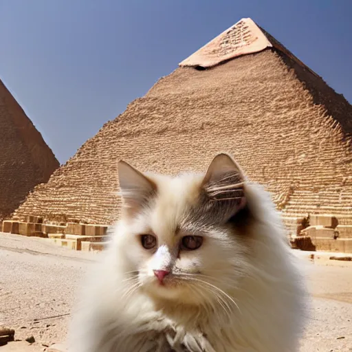 Prompt: a fluffy cat sitting on a throne inside the pyramid of giza