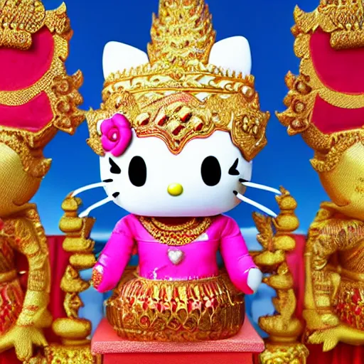 Image similar to Hello Kitty wearing traditional Cambodian ceremonial dress, with a 9 headed Khmer dragon headdress, 3d, very colorful, 8k,