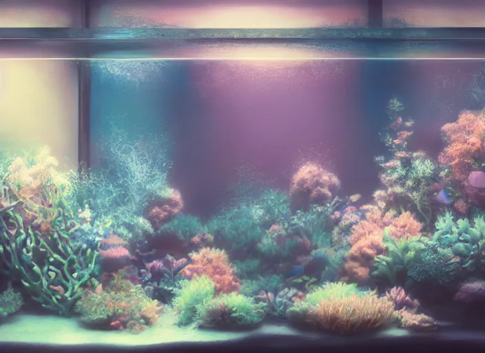 Image similar to placid pastel morning cozy moody cluttered painterly fluffy tiny cramped aquarium store, lots of aquariums, slanted ceiling, tiny space, particulate, trending on pixiv