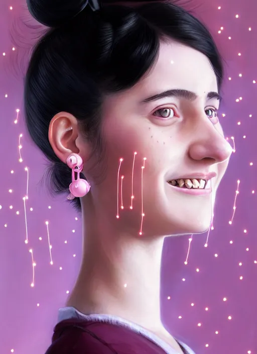 Image similar to portrait of teenage girl, realistic, black hair, bangs, half updo hairstyle, pointy nose, skinny, smile, ugly, defined jawline, big chin, pink hair bow, earrings, intricate, elegant, glowing lights, highly detailed, digital painting, artstation, sharp focus, illustration, art by wlop, mars ravelo and greg rutkowski