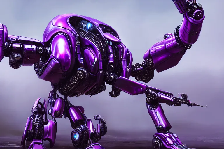 Image similar to alien military three legged tripedal tripod mecha, metal laser tentacles, purple, futuristic, apocalyptic, by jon aaron kambeitz, katsuhiro otomo, heng z, concept art, insanely detailed, raytracing, octane, unreal engine, trending on artstation